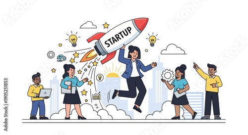 Startup team launching rocket illustrating business innovation and growth.