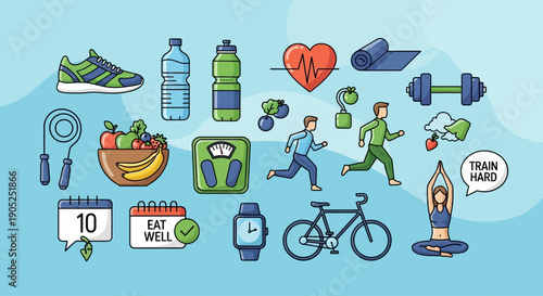 Collection of healthy lifestyle and fitness icons with motivational messages