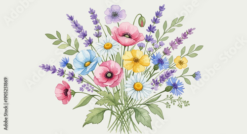 Vibrant watercolor bouquet of fresh wildflowers and garden blossoms