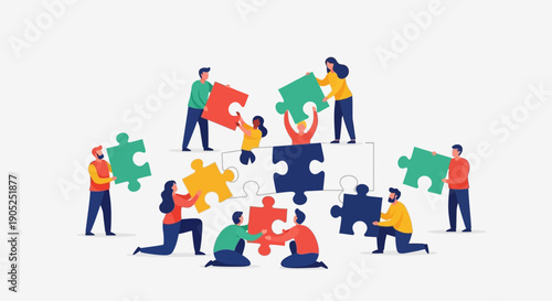 Diverse team collaborates to solve a complex puzzle, symbolizing unity and progress.