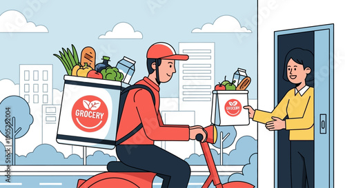 Delivery person on scooter hands over groceries to customer at door