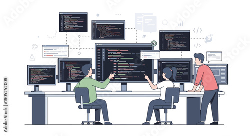 Team of programmers collaborating on software development projects.