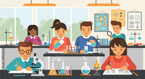 Children in a science class performing experiments with beakers and microscopes.