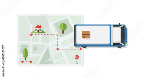Delivery truck follows a route on a map with a package.