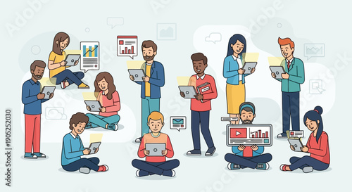 Diverse group of people using tablets for learning and work.