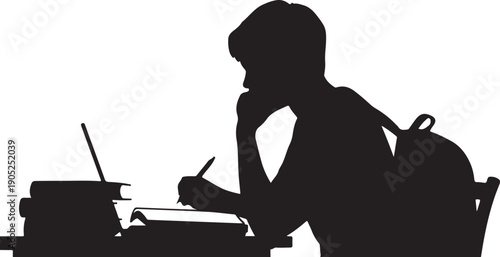 Silhouette of person typing on vintage typewriter with backpack