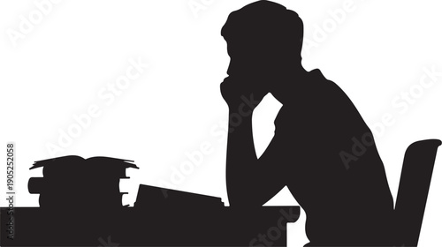 Silhouette of person thinking at a desk with a laptop