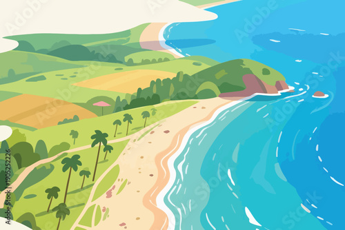 Aerial tropical coastline with sandy beach, turquoise ocean waves, green hills, palm trees, and small huts in vibrant scenery.