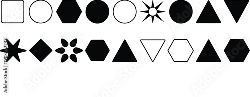 Black Geometric Shapes Icon Set Featuring Basic Filled and Outline Forms for Education, Interface Design, and Abstract Graphics