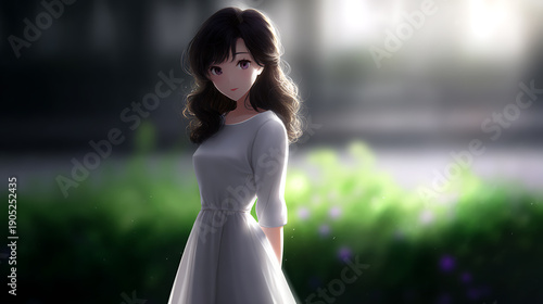 A serene portrait of a woman in a elegant dress, evoking a sense of calm and beauty. The woman is standing gracefully amidst the flowers