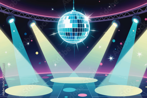 Vibrant disco scene with glowing disco ball, colorful spotlights, circular dance floor, and festive sparkling atmosphere.