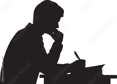 Silhouette of person writing at a desk with a pen