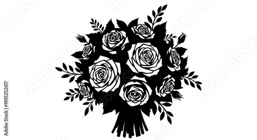 This black floral bouquet silhouette illustration is a timeless and elegant design element that represents beauty, romance, and natural harmony. The artwork features a carefully arranged bouquet of ro