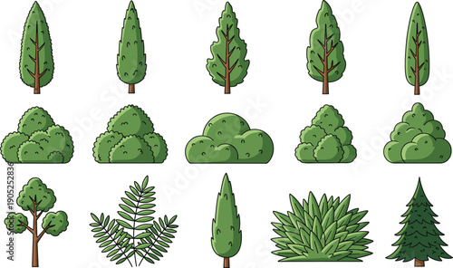 Cartoon tree and bush set with forest plants shrubs pine foliage and garden greenery vector illustrations isolated