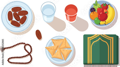 Ramadan Meal Spread: An inviting top-down view of a Ramadan meal, featuring dates, fresh fruit, samosas, water, and prayer beads.