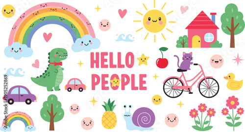 Cute colorful cartoon elements vector set with rainbow, animals and hello people text for kids design