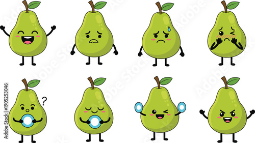 Cute cartoon pear characters set with multiple facial expressions kawaii fruit mascot illustrations for stickers and branding
