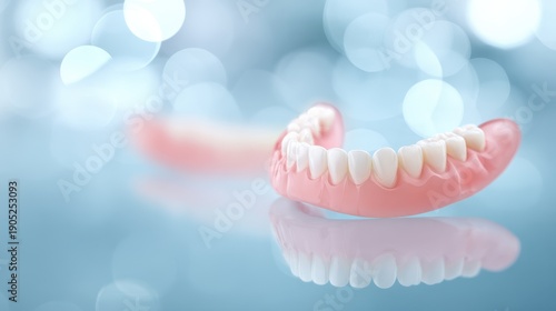 Human dentures displayed on a reflective surface with a blurred blue background, showcasing dental prosthetics and oral health products