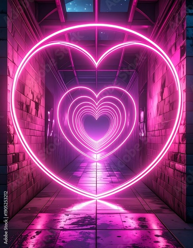 Neon pink heart tunnel, leading to an unknown glowing destination