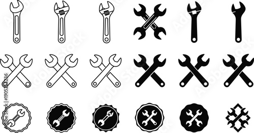 Wrench and tool icon set with crossed spanners badges repair service symbols outline vector illustrations isolated