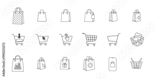 Shopping and E-commerce Icons Set. Shopping Bag, Cart, Basket, Online Purchase Outline Icons.