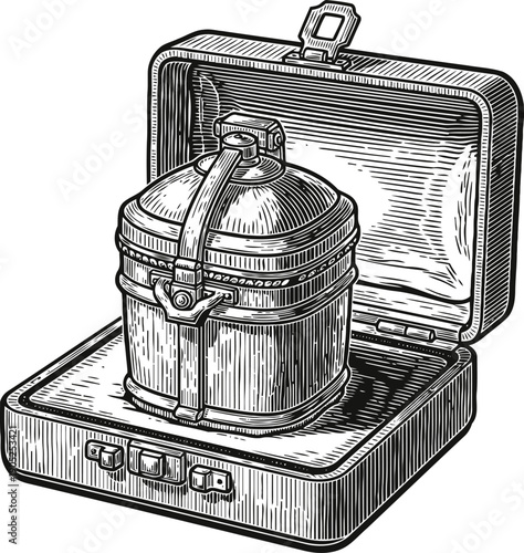 Antique metal canteen with strap in open carrying case vintage water container with secure lid and handle