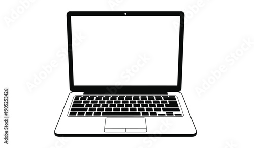 A black and white illustration of an open laptop computer with a blank screen