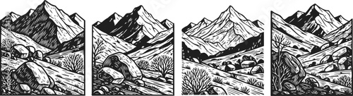 Black and white mountain landscape illustrations with rocks and bushes in vintage engraving