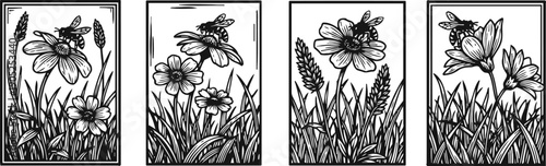 bee pollinating flowers and grasses in natural garden setting detailed black and white botanical illustration