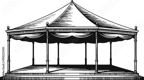 Vintage gazebo illustration with pointed roof and open sides, detailed black and white architectural drawing