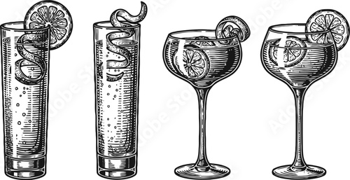 hand drawn cocktail glasses set with citrus garnishes classic alcoholic beverages, refreshing drinks collection