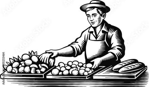 farmer selling fresh vegetables and bread at market stall in vintage woodcut