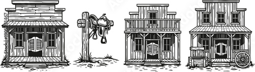 Old western town buildings set with saloon, mailbox, general store and rustic architecture