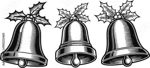 Three vintage christmas bells with holly leaves and berries, black and white holiday decoration illustration