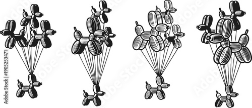 Black and white balloon dog bunch floating in the air on thin strings