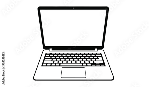 A black line drawing of an open laptop computer
