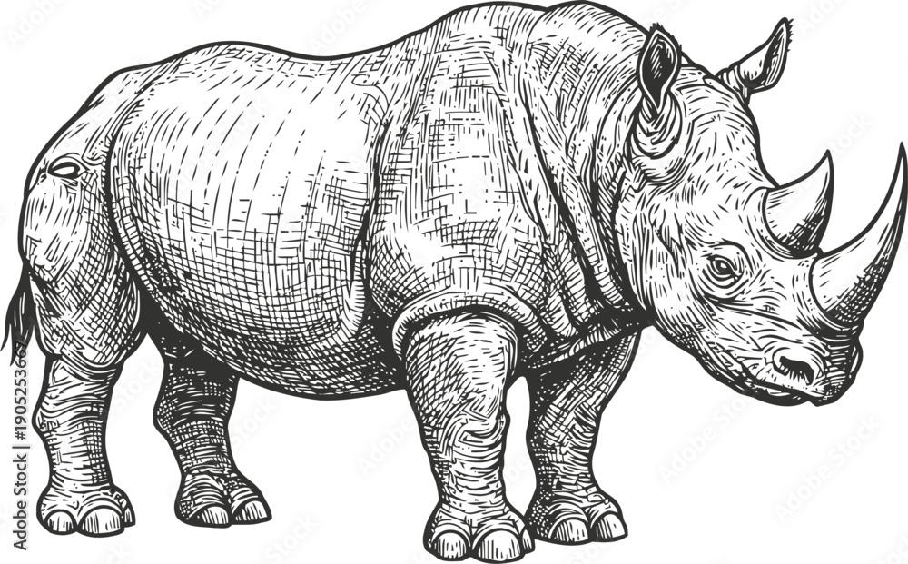 Fototapeta premium Detailed ink drawing of a rhinoceros standing, wildlife illustration, animal sketch in black and white