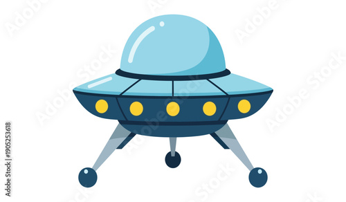 A cartoon illustration of a light blue flying saucer with a dark blue underbelly and yellow lights