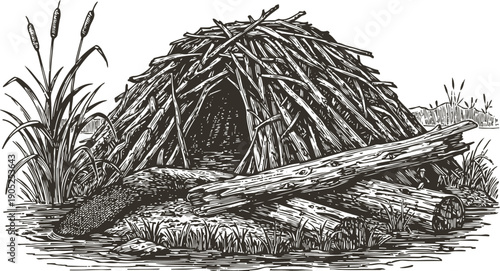 beaver lodge with sticks and logs in natural wetland habitat surrounded by grass and cattails