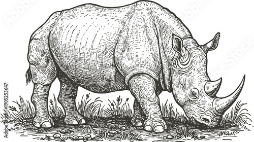 Detailed black and white rhinoceros illustration grazing on grass with textured skin and strong posture