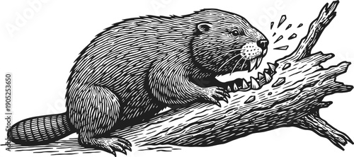 Beaver gnawing on branch wood chewing rodent, nature wildlife animal illustration