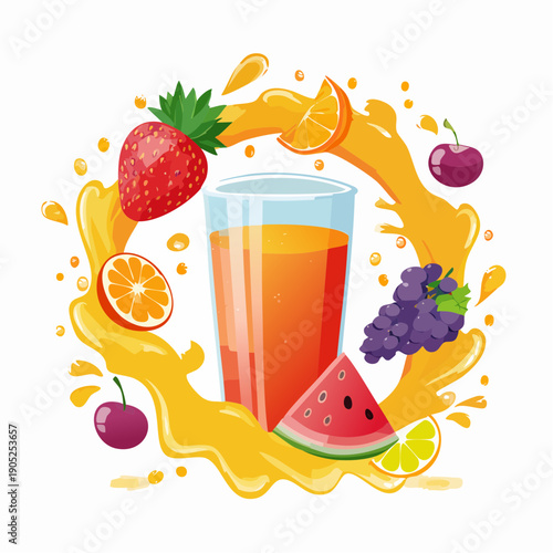 Vibrant Fruit Juice Splash Illustration with Assorted Fresh Summer Fruits and Refreshing Beverage in a Glass
