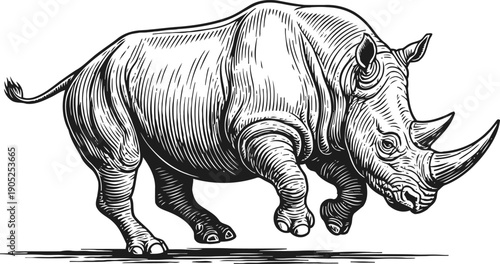 Black and white rhinoceros illustration detailed vintage drawing of a rhino in side view