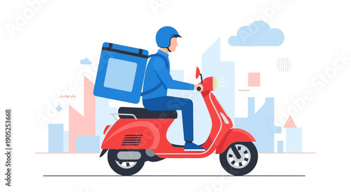 Delivery person riding a scooter through a city.
