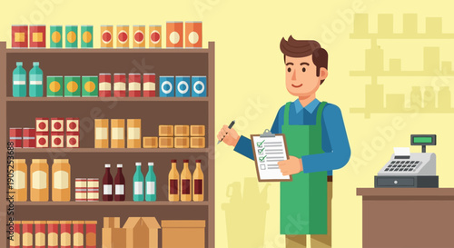 Grocery store worker performing inventory check with clipboard.