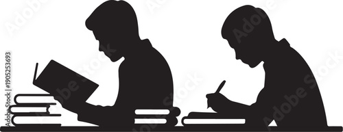 Two silhouettes reading and writing on books study