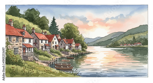 Idyllic village with boats on a serene lake at sunset.