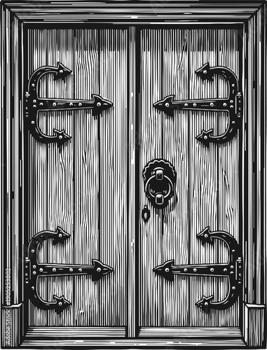 Old wooden door with metal hinges and a metal knocker in vintage engraving