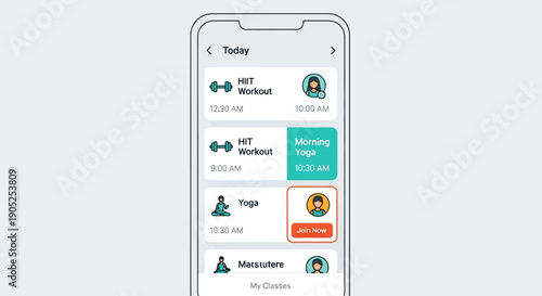 Mobile app showing fitness classes and workout schedule for today