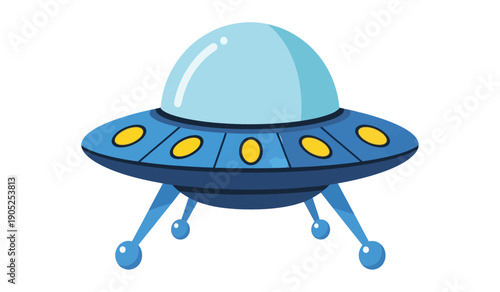 A blue cartoon ufo with a dome on top and yellow lights on its saucer shaped body